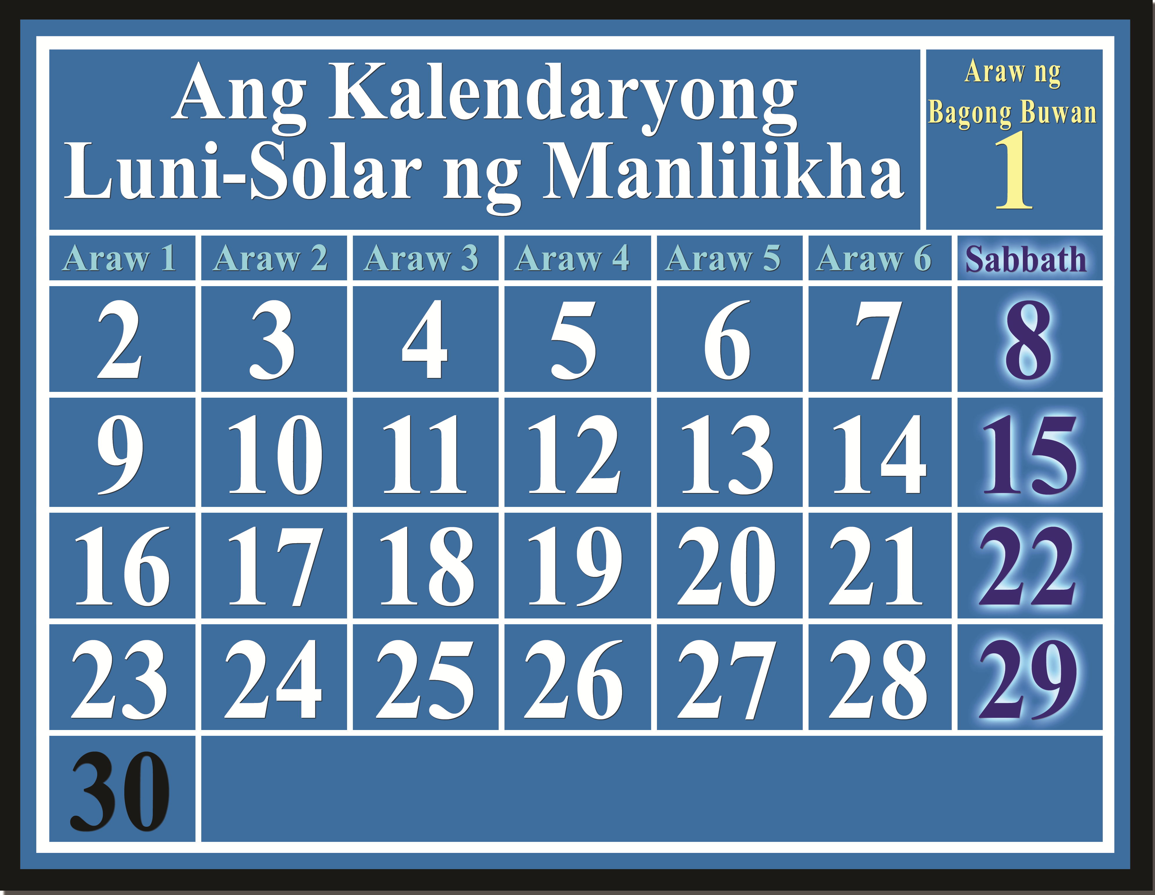 Kalendaryong Luni-solar na nagpapakita ng Araw ng Bagong Buwan at mga Sabbath