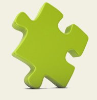 pièce de puzzle en 3D de couleur verte, avec ombre projetée au sol, posée sur un côté et une tête.