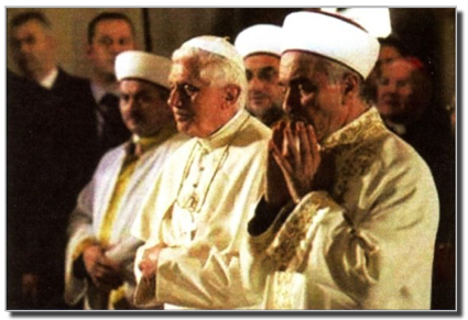 Benedict XVI praying at the Blue Mosque with Mustafa Cagrici, grand mufti of Istanbul