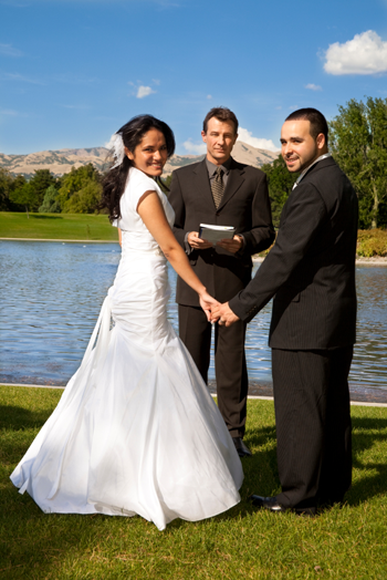 bride and groom at an outdoor wedding