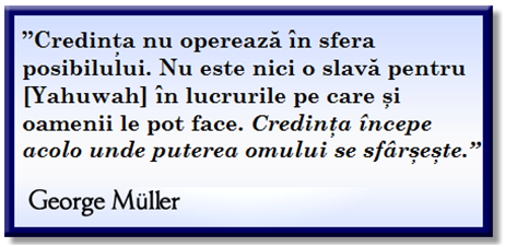 “Faith does not operate in the realm of the possible. There is no glory for [Yahuwah] in that which is humanly possible. Faith begins where man’s power ends.” George Müller