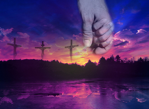 three crosses at sunset