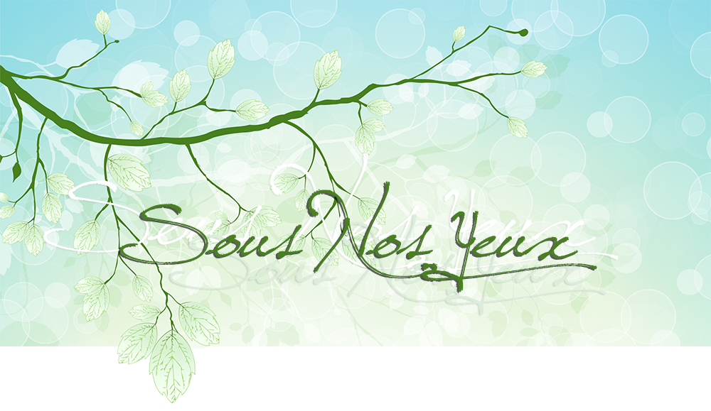 Sous Nos Yeux; sur fond vert dégradé et bulles, branches et ombres vertes pâles et blanches