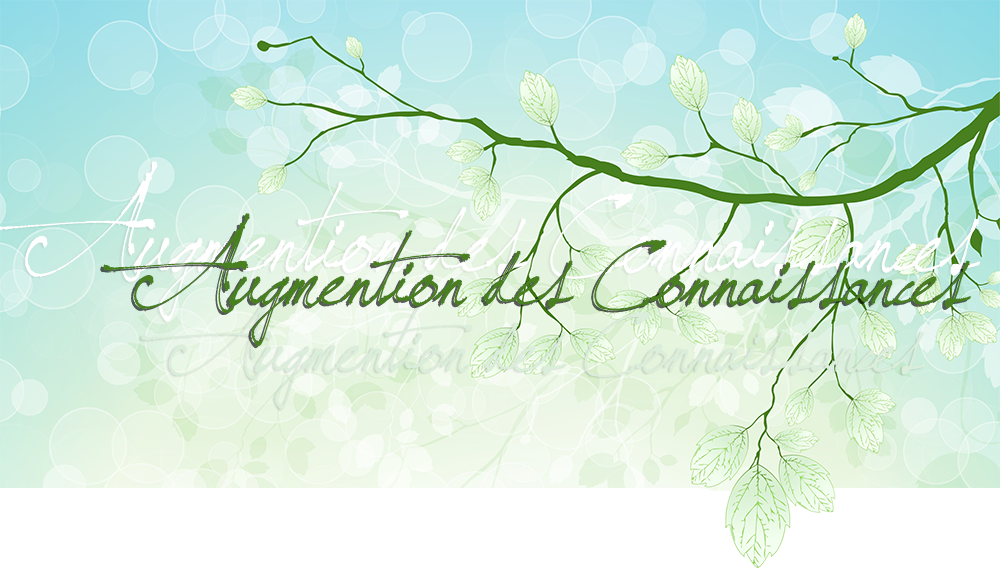 Augmention des Connaissances; sur fond vert et bleu, avec bulles transparentes, feuilles, branches vertes, en différentes lumières et couches, de pâle blanc à vert foncé, transparence, png