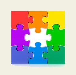 puzzle multicolore de 9 pièces, de couleur rouge, orange, jaune, vert clair, vert foncé, bleu ciel, bleu foncé /indigo, violet, avec une pièce manquante au milieu.