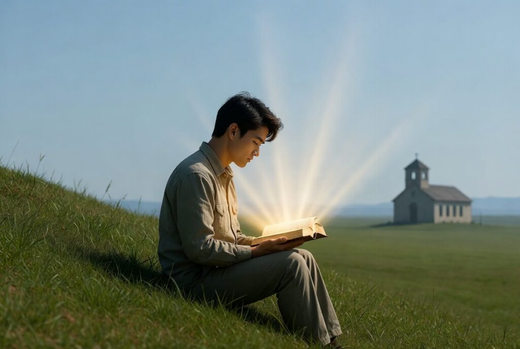 Man sitting in green grass studying the Bible