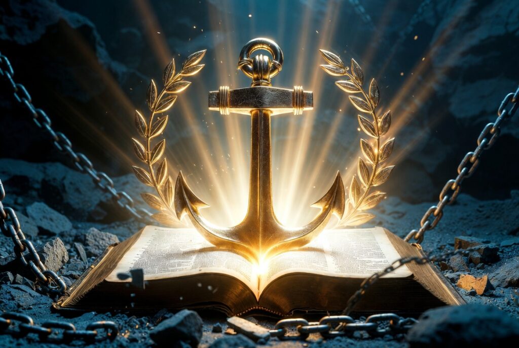 Golden Anchor resting on an Open Bible