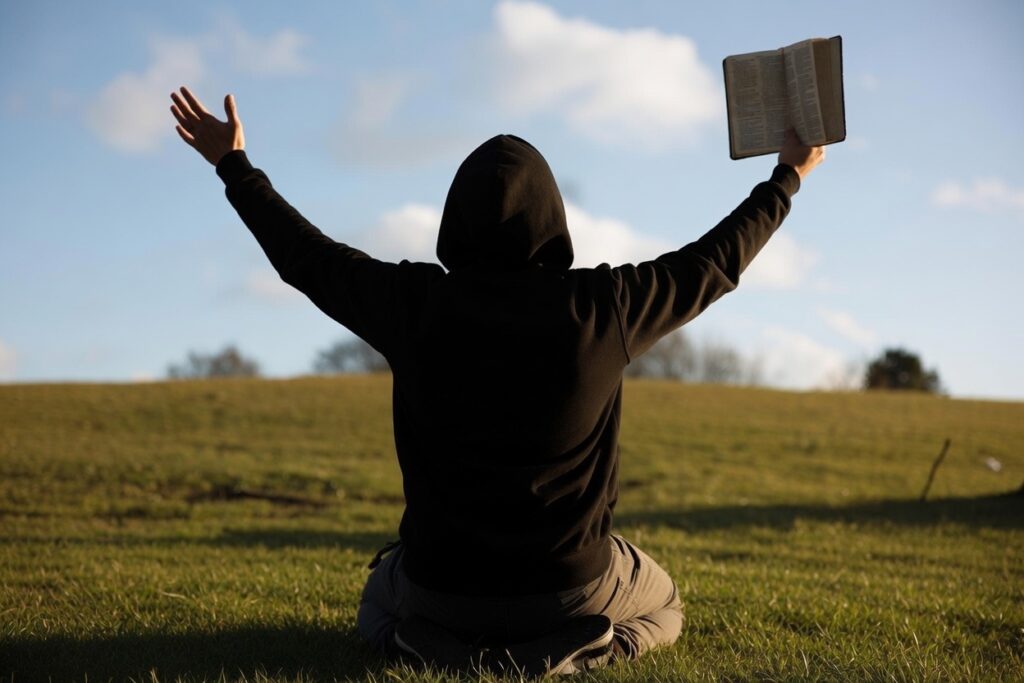 Kneeling man with arms outstretched to Heaven, with a Bible in his hand