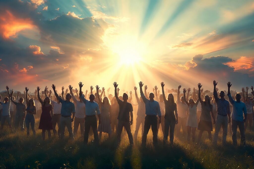 rejoicing group of people with arms raised