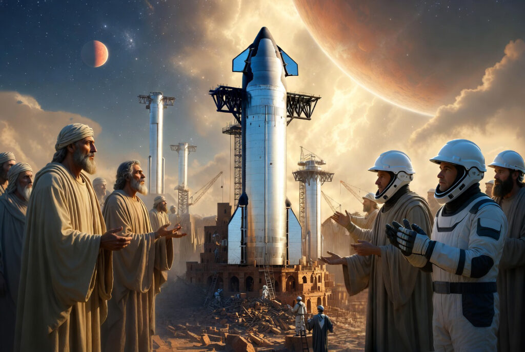 Ancient men and modern men with space helmets standing around a rocket