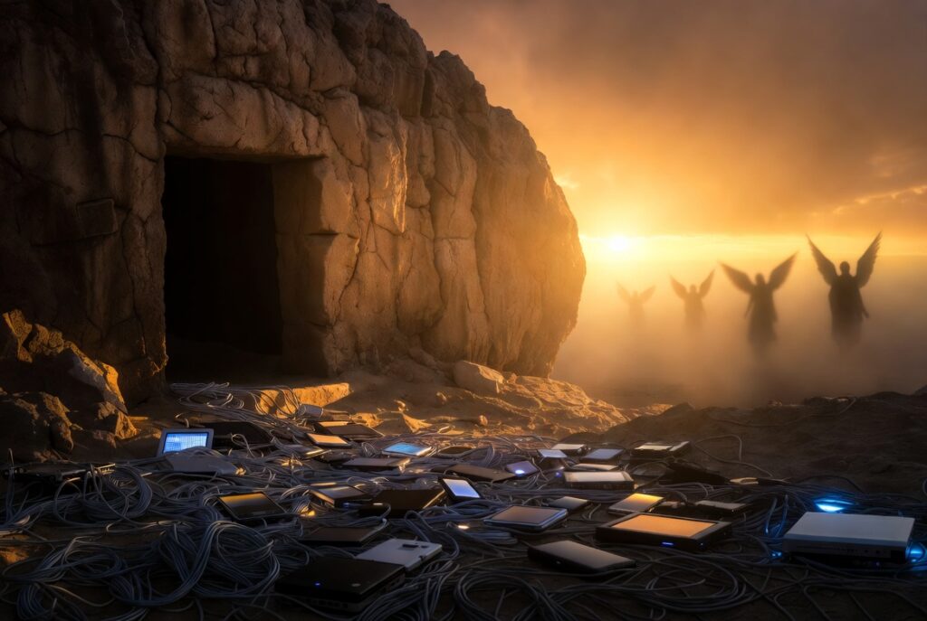 Empty tomb surrounded by digital devices