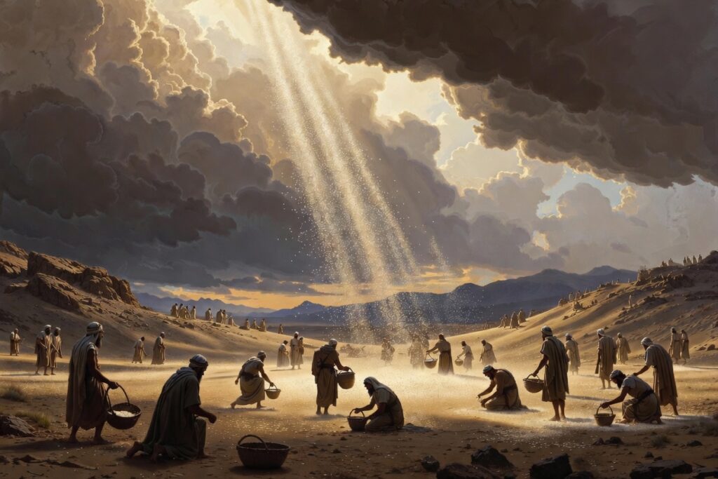 Manna falling in the wilderness