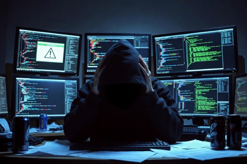 Digital thief hanging his head in despair