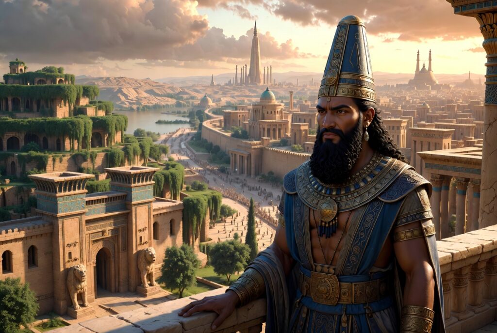 Nebuchadnezzar arrogantly looking out over Babylon