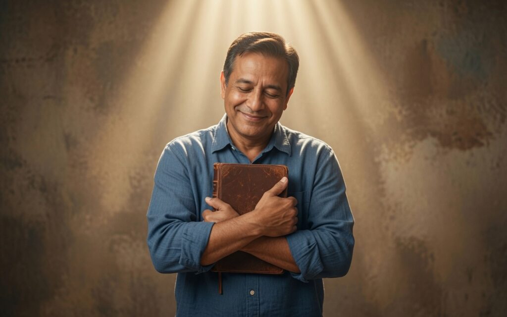 Joyful man hugging Bible