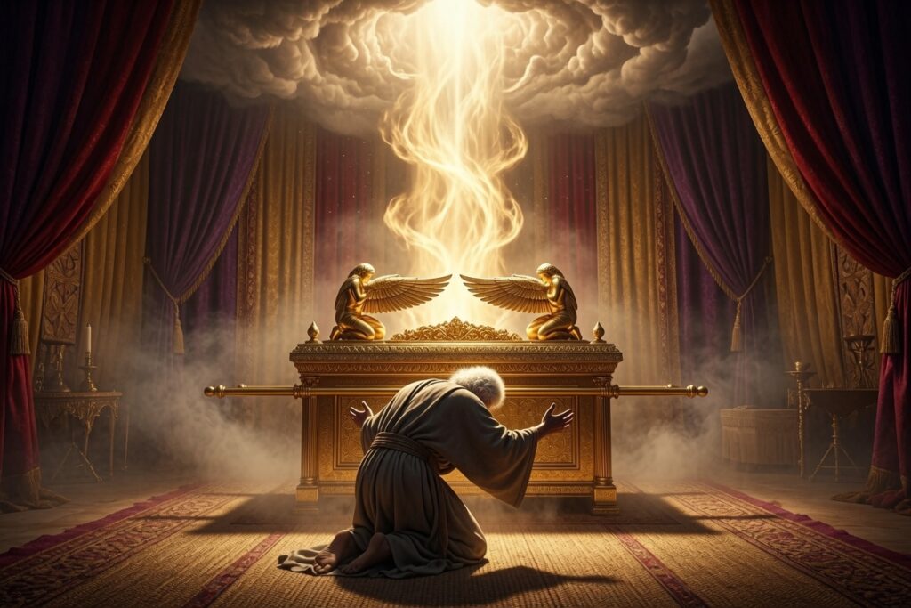 Moses kneeling before the Ark of the Covenant
