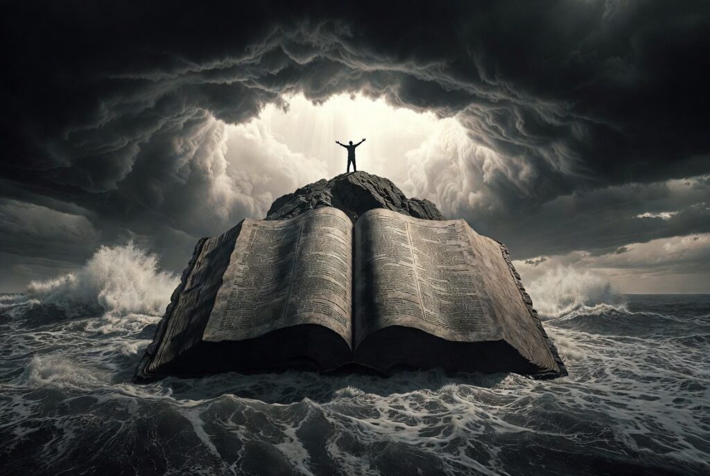 Bible depicted as a rock with a man standing on top