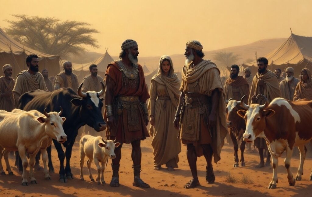 Abraham, Sarah, and Abimelech with sheep, oxen, and servants