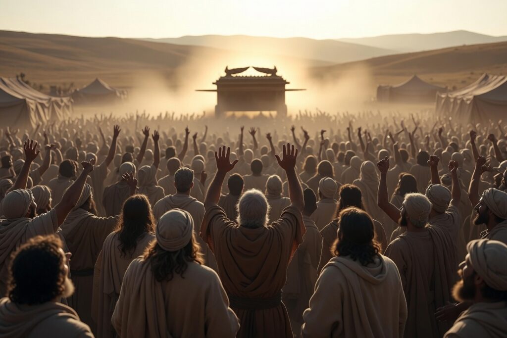 Israelites rejoicing before the Ark of the Covenant