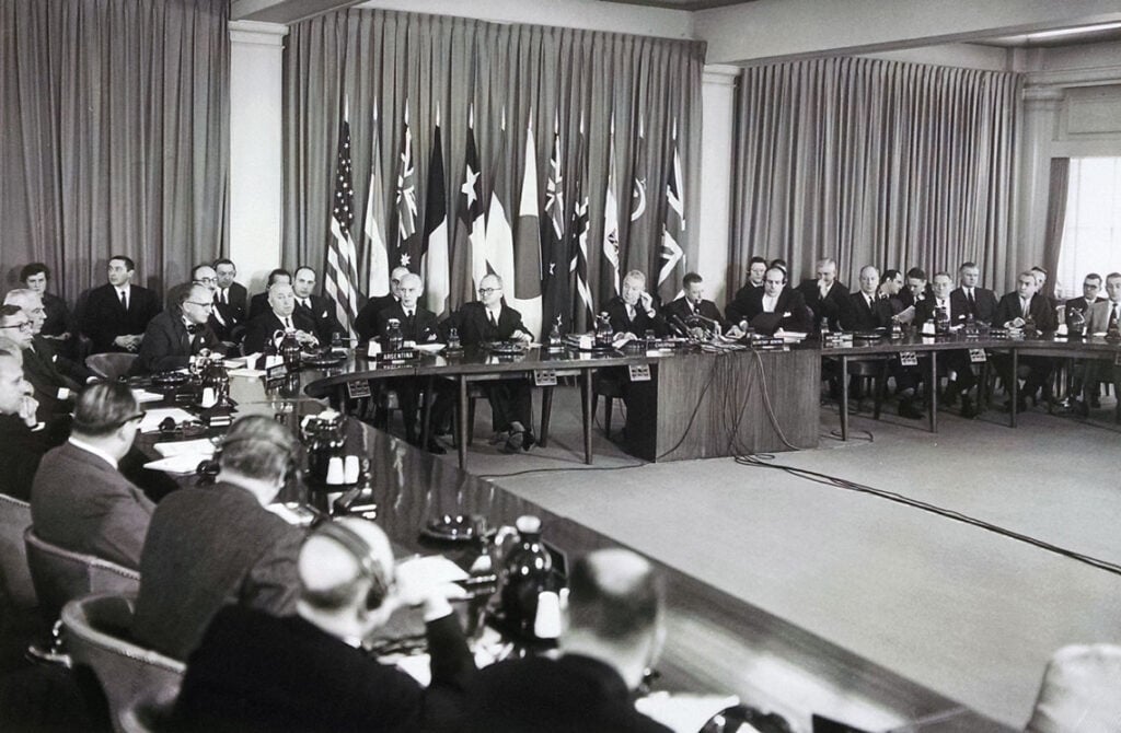 Delegates of the 12 original signatory nations at the Diplomatic Conference on Antarctica, Washington, D.C., late 1959.