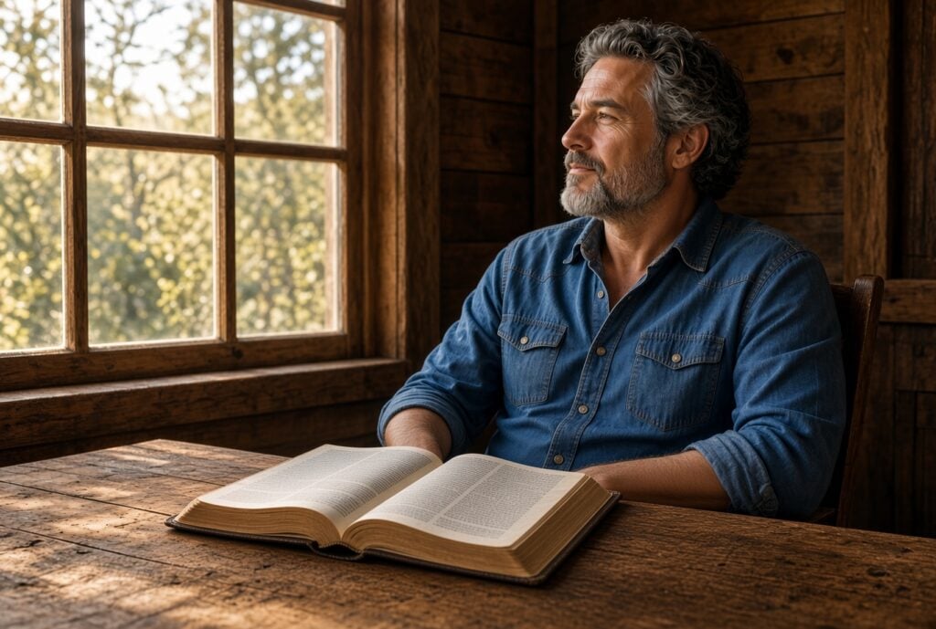 Man sitting at a desk with an open Bible in front of him; he is staring out the window in peaceful contemplation.
