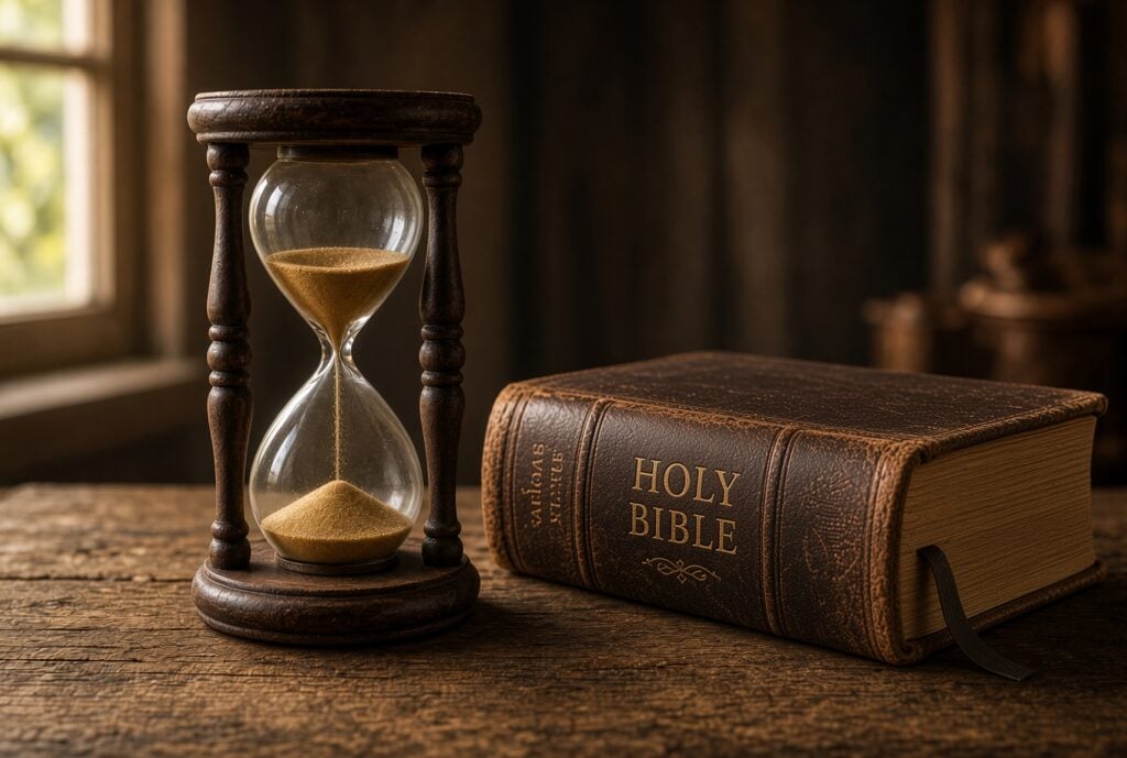 Bible and hourglass sitting on a wooden table