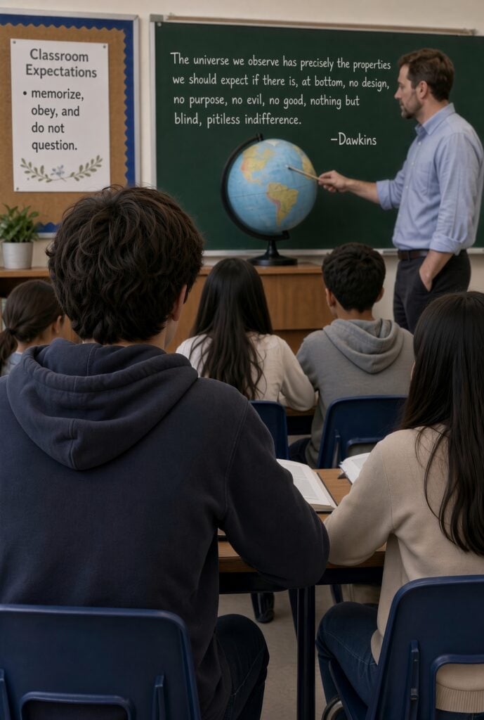 Classroom with teacher pointing towards globe; Rchard Dawkins quote on chalboard