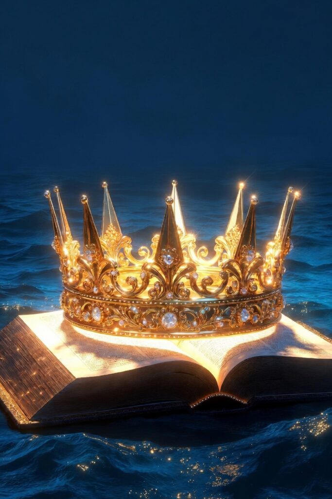 crown resting on Bible upon a sea of water