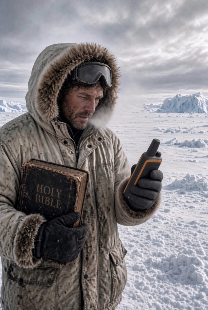 Man exploring Antarctica with a Bible under his arm and a gps device in his hand