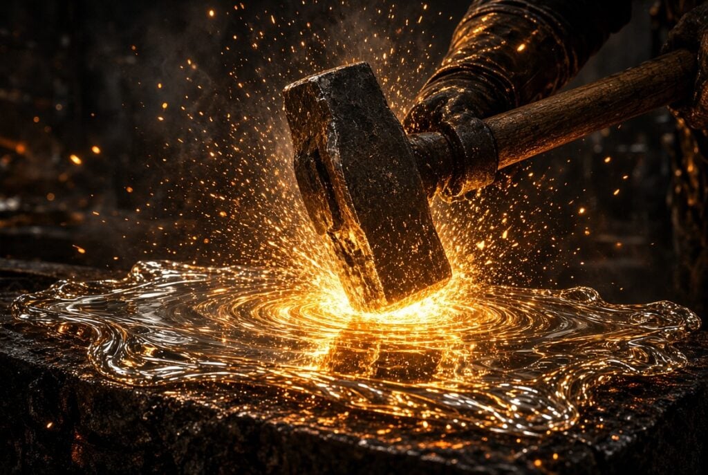 molten glass being hammered out