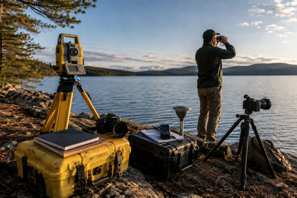 Cameras and surveying equipment laying beside lake; A man is standing beside the equipment looking across the lake with a pair of binoculars
