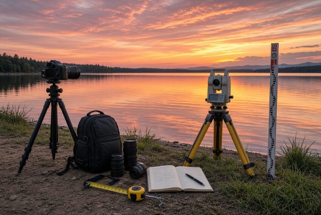 Cameras and surveying equipment laying beside lake