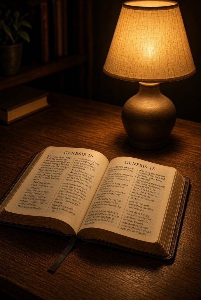 open bible on table beside lamp