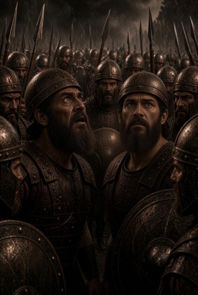 Philistine soldiers in fear and awe