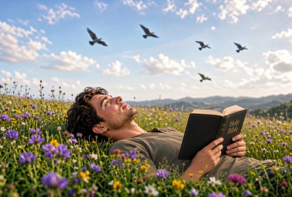 man reading bible in a field of flowers, with birds flying overhead