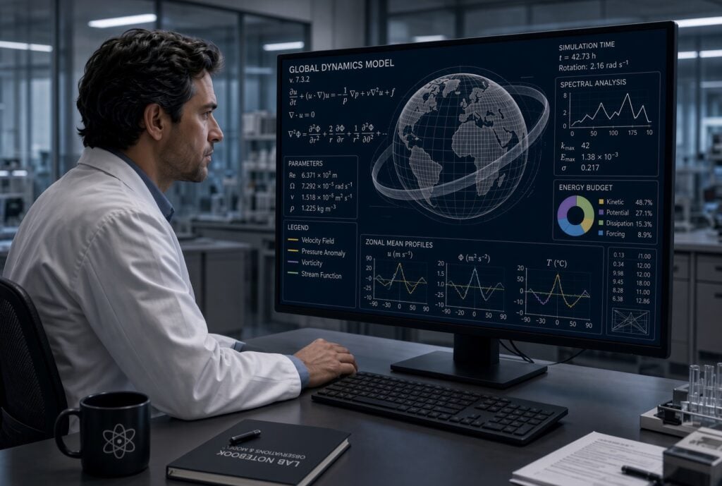 Scientist sitting at a computer with globe simulation