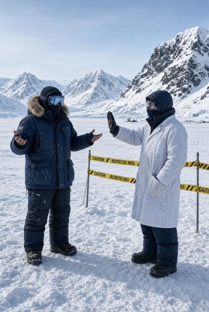 Scientist stopping explorer from advancing into the taped off area