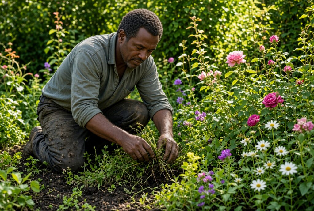 man pulling weeds in garden