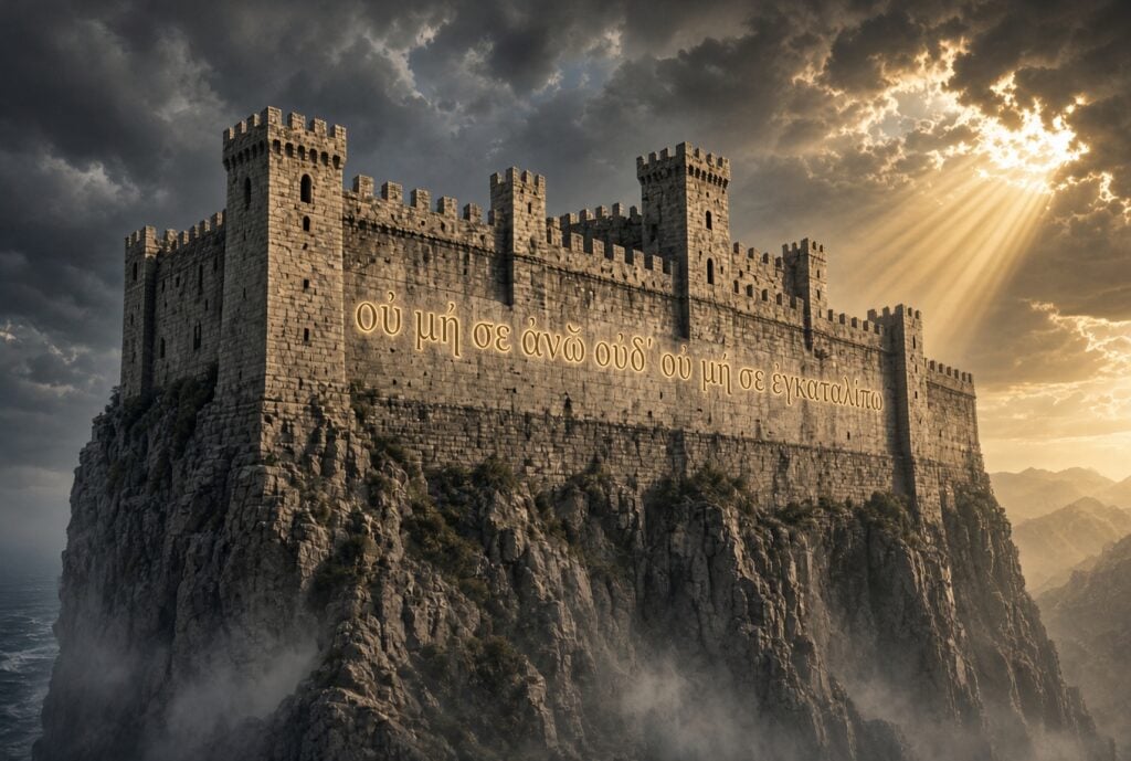 Impenetrable fortress with Greek phrase on the wall: οὐ μή σε ἀνῶ οὐδ᾽ οὐ μή σε ἐγκαταλίπω 