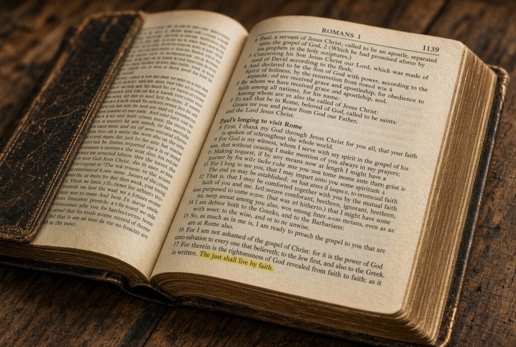 Open bible with Romans 1:17 - The Just Shall Live by Faith - highlighted
