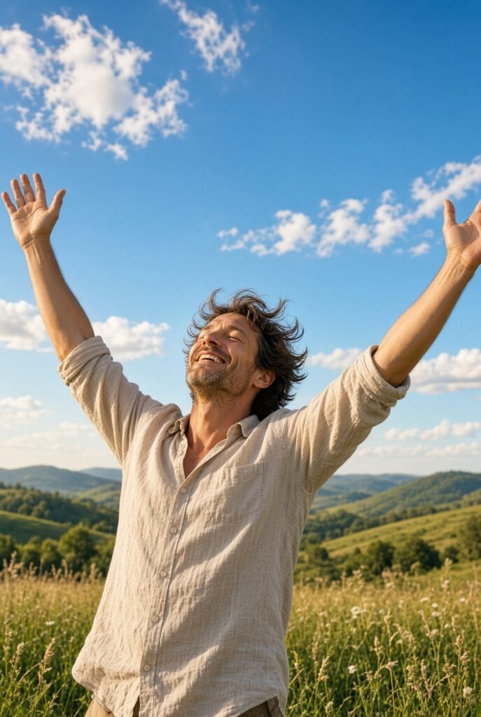 man rejoicing, with hands held high on a beautiful day