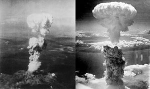 Nuvens de cogumelo da bomba atômica sobre Hiroshima (esquerda) e Nagasaki (direita)