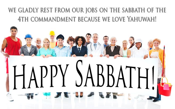 diverse group of people holding a 'Happy Sabbath' banner