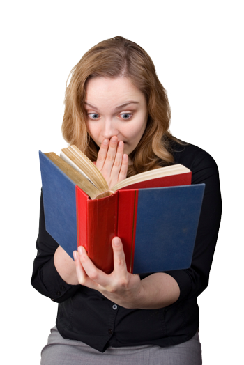 astonished woman reading book