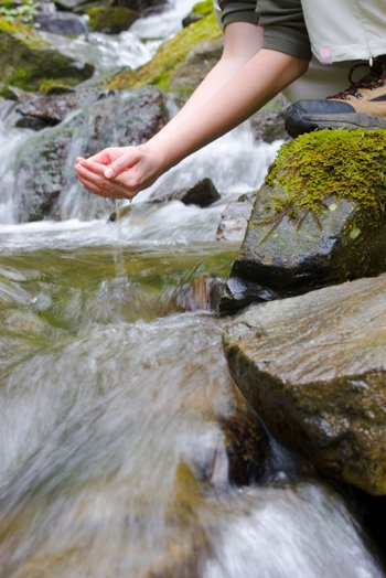 mains d’un randonneur prenant de l’eau dans un torrent de montagne