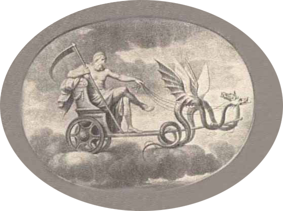 Saturn in flying chariot being pulled by two winged serpents