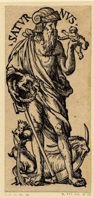 Mystery Babylon - Saturnus shown holding a scythe and a baby. Notice the winged dragon biting his tail forming a perfect circle, the symbol of the sun.