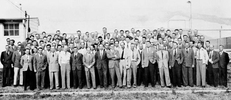 Nazi scientists at fort Bliss, Texas, with Werner von Braun standing front row, seventh from right.