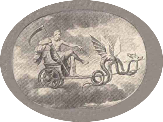 Saturn in flying chariot being pulled by two winged serpents