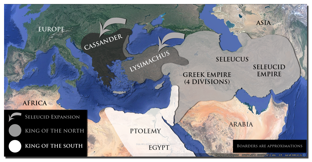 L'empire divisé d'Alexandre le Grand entre ses qautre génréaux : Lysimaque, Cassandre, Séleucos Ier et Ptolémée Ier